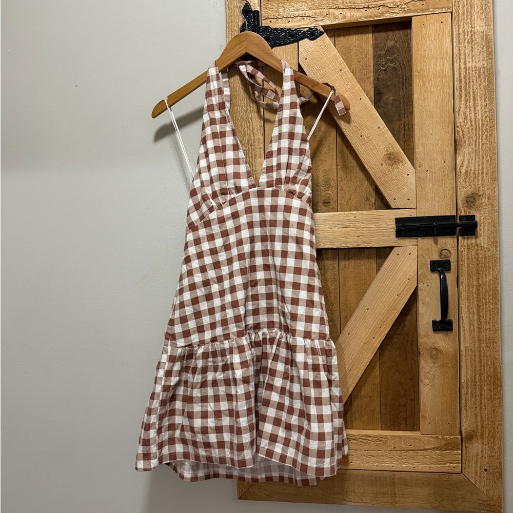 Free People Cecil Checker Print Halter Neck Drop Waist Mini Dress - Picture 2 of 6